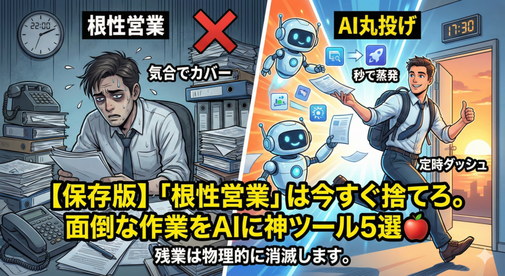 書類の山に埋もれて残業する「根性営業」と、AIツールに仕事を丸投げして定時退社する営業マンの比較イラスト