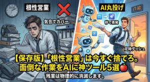 書類の山に埋もれて残業する「根性営業」と、AIツールに仕事を丸投げして定時退社する営業マンの比較イラスト