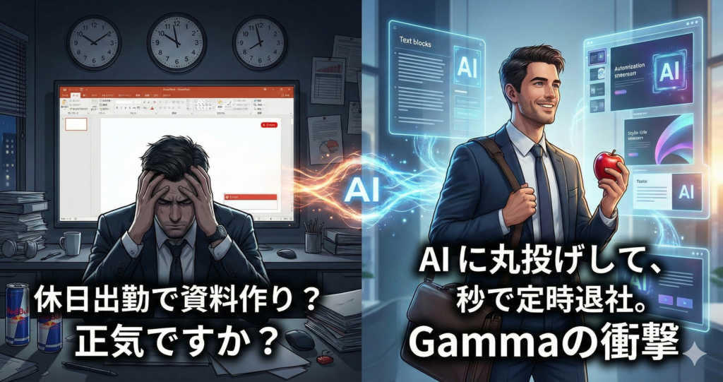 Gammaで資料作成をAIに丸投げして定時退社するビフォーアフターのイメージ