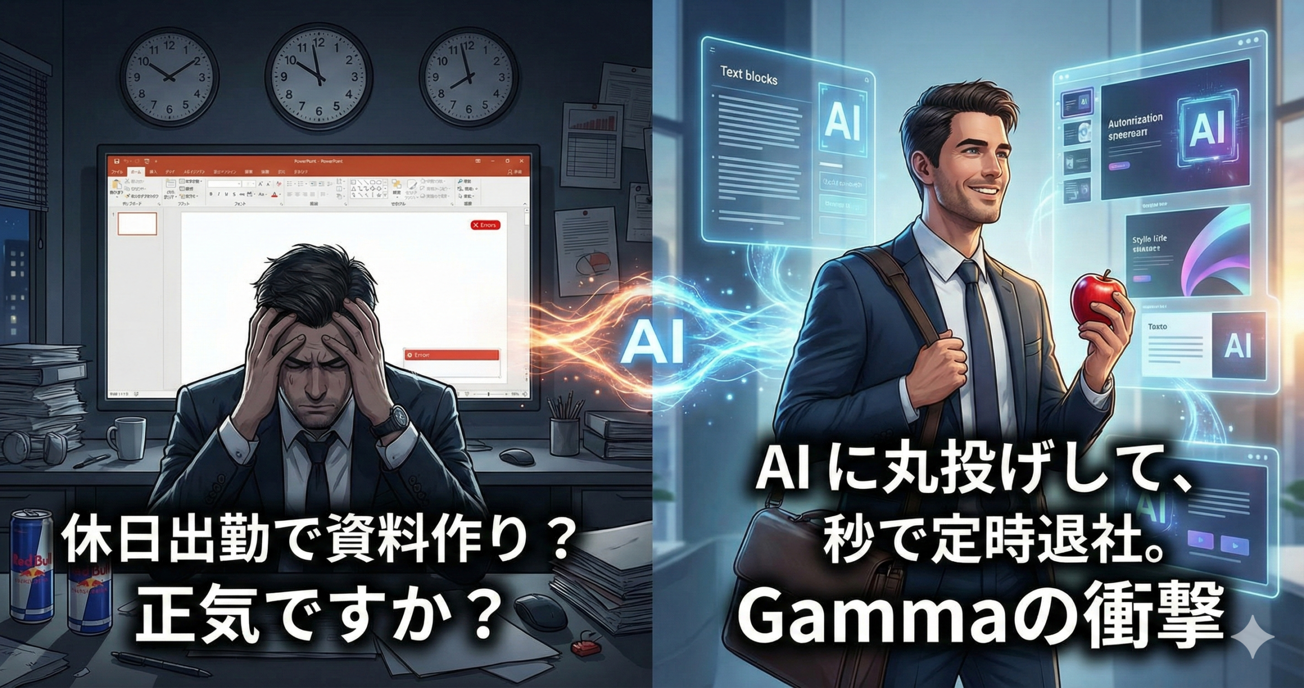 Gammaで資料作成をAIに丸投げして定時退社するビフォーアフターのイメージ