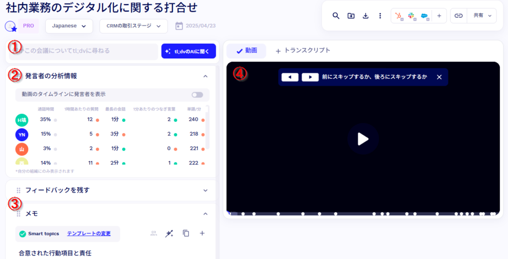 tl;dvの録画管理画面。発言者ごとの分析やAI要約メモが表示されている様子