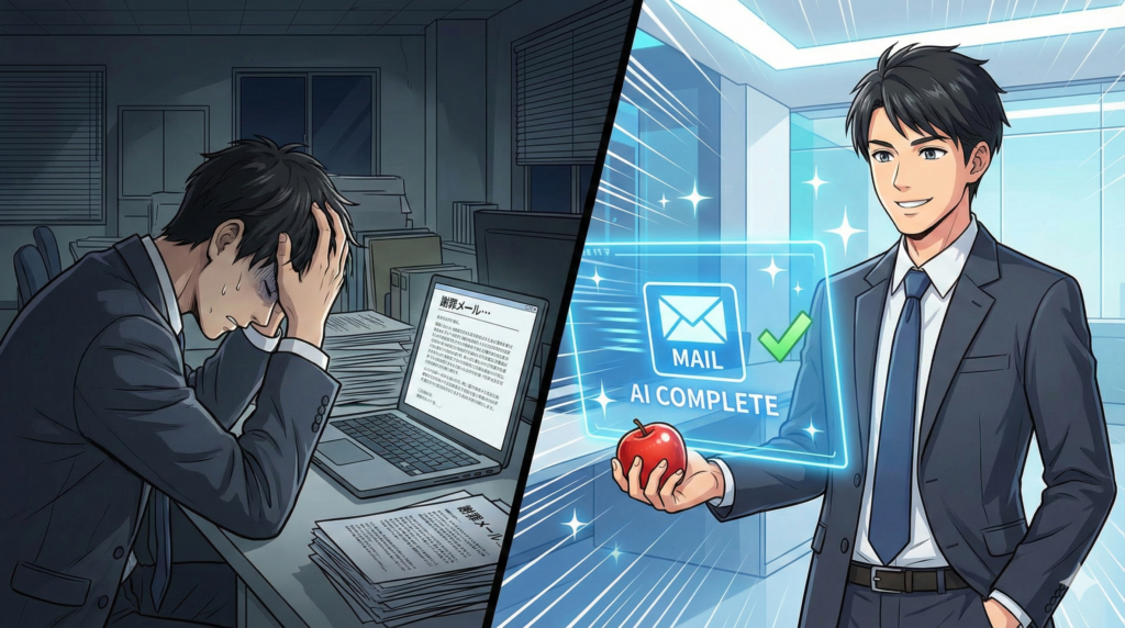 Catchyで謝罪メール作成を自動化するイメージイラスト。左は手打ちで絶望する営業マン、右はAIで瞬時に完了しリンゴを持って余裕の表情を浮かべる様子