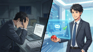 Catchyで謝罪メール作成を自動化するイメージイラスト。左は手打ちで絶望する営業マン、右はAIで瞬時に完了しリンゴを持って余裕の表情を浮かべる様子