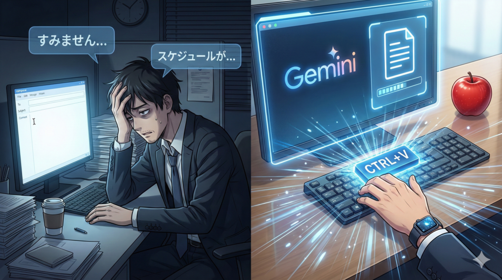メール作成に悩む営業マンと、Geminiにプロンプトをコピペして一瞬で解決するイメージ
