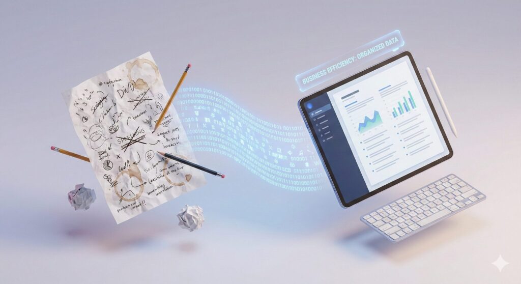 Geminiを使って手書きメモから議事録を自動生成するイメージイラスト