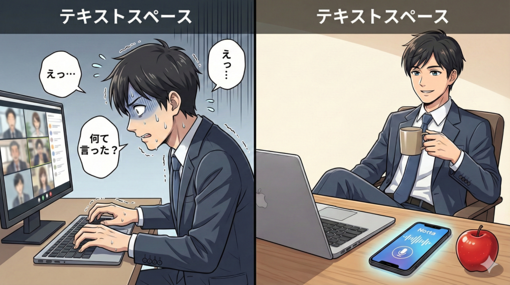 Nottaを使ってバレずにWeb会議の議事録を自動化する営業マンのイラスト