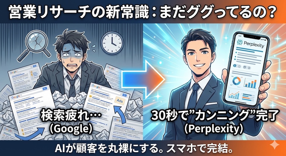 業リサーチの効率化をテーマにしたアイキャッチ画像。左半分は「Google検索での情報収集に疲弊する営業マン」、右半分は「Perplexityを使いスマホで30秒でカンニングシートを完成させて余裕の営業マン」を描いたビフォーアフター比較のインフォグラフィック。「営業リサーチの新常識：まだググってるの？」というキャッチコピーが入っている。